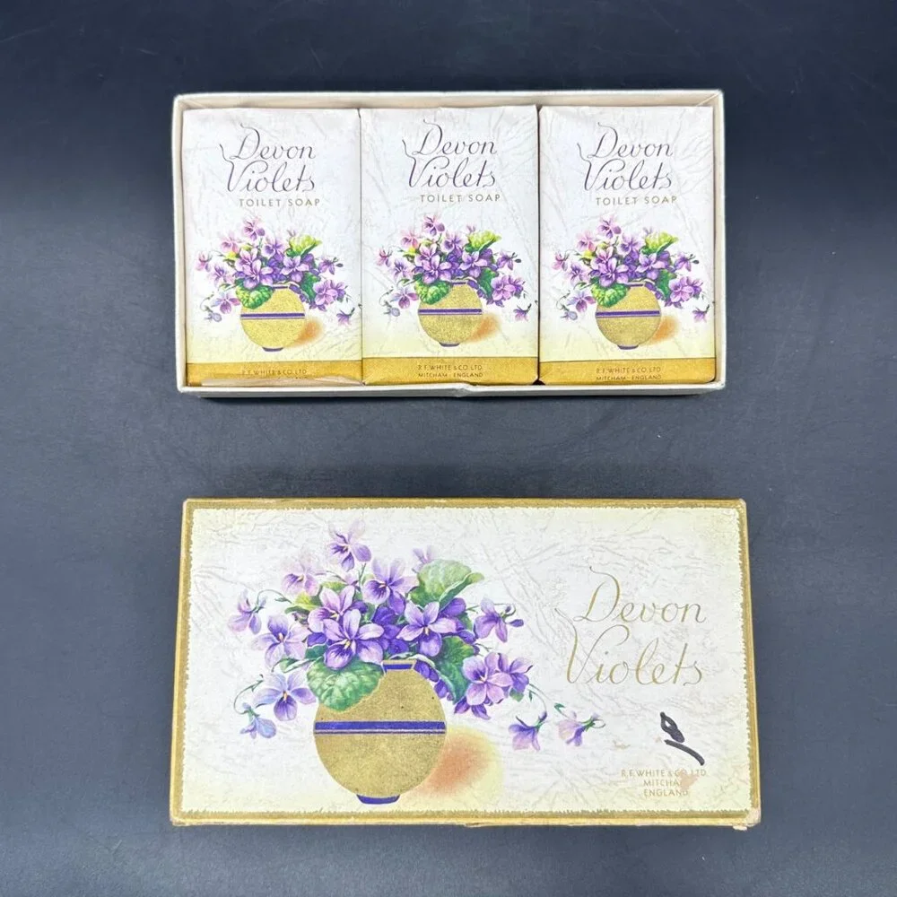 Vintage Devon Violets Toilet Soap Set 3 Bars White and Co England 1970s Bathroom